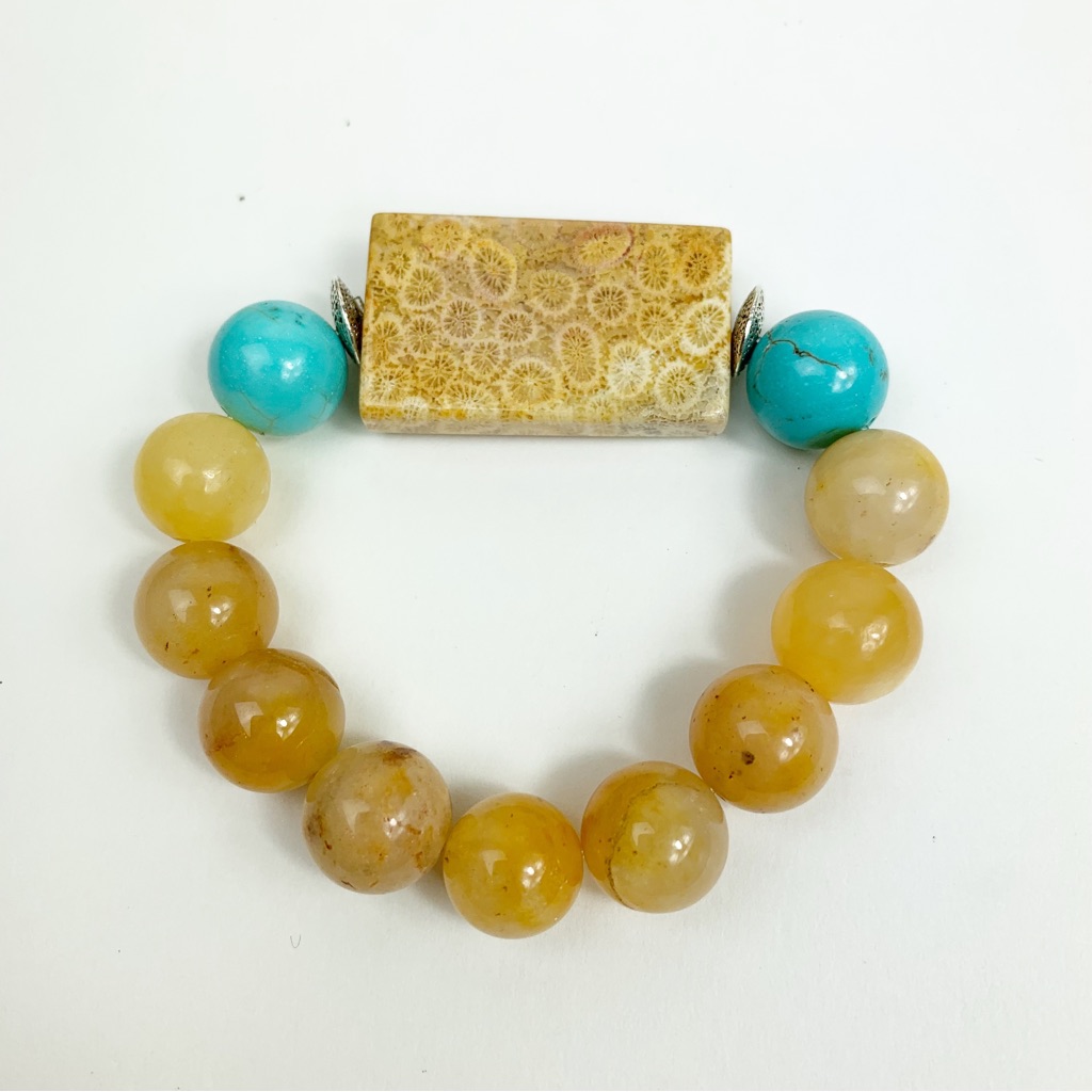 Yellow Agate Beads And Coral Focal Bead Stretch Statement Bracelet